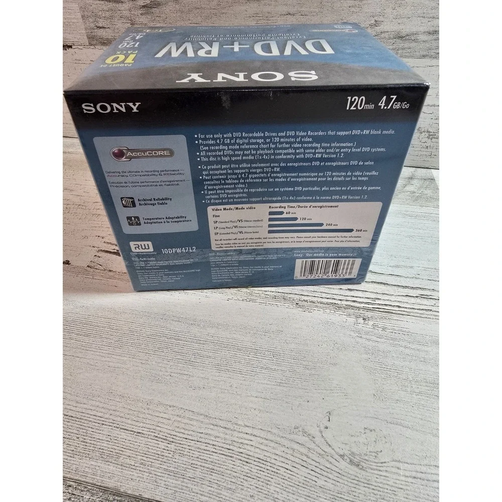 Sony DVD+RW 4.7GB 120min 1x-4x AccuCORE Rewritable Discs 10 Pack 10DPW47L2 NEW‎
